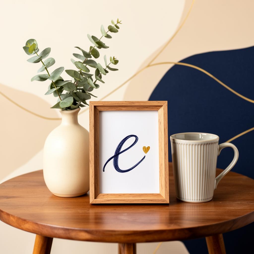 Composição com vaso, quadro com letra e e caneca artesanal